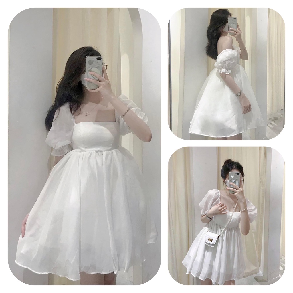 Váy Babydoll Tiểu Thư Voan Tơ Cổ Vuông Tay Bồng - Đầm Trễ Vai Công Chúa Ulzzang Hàn Quốc (4 lớp phồng)(màu trắng)