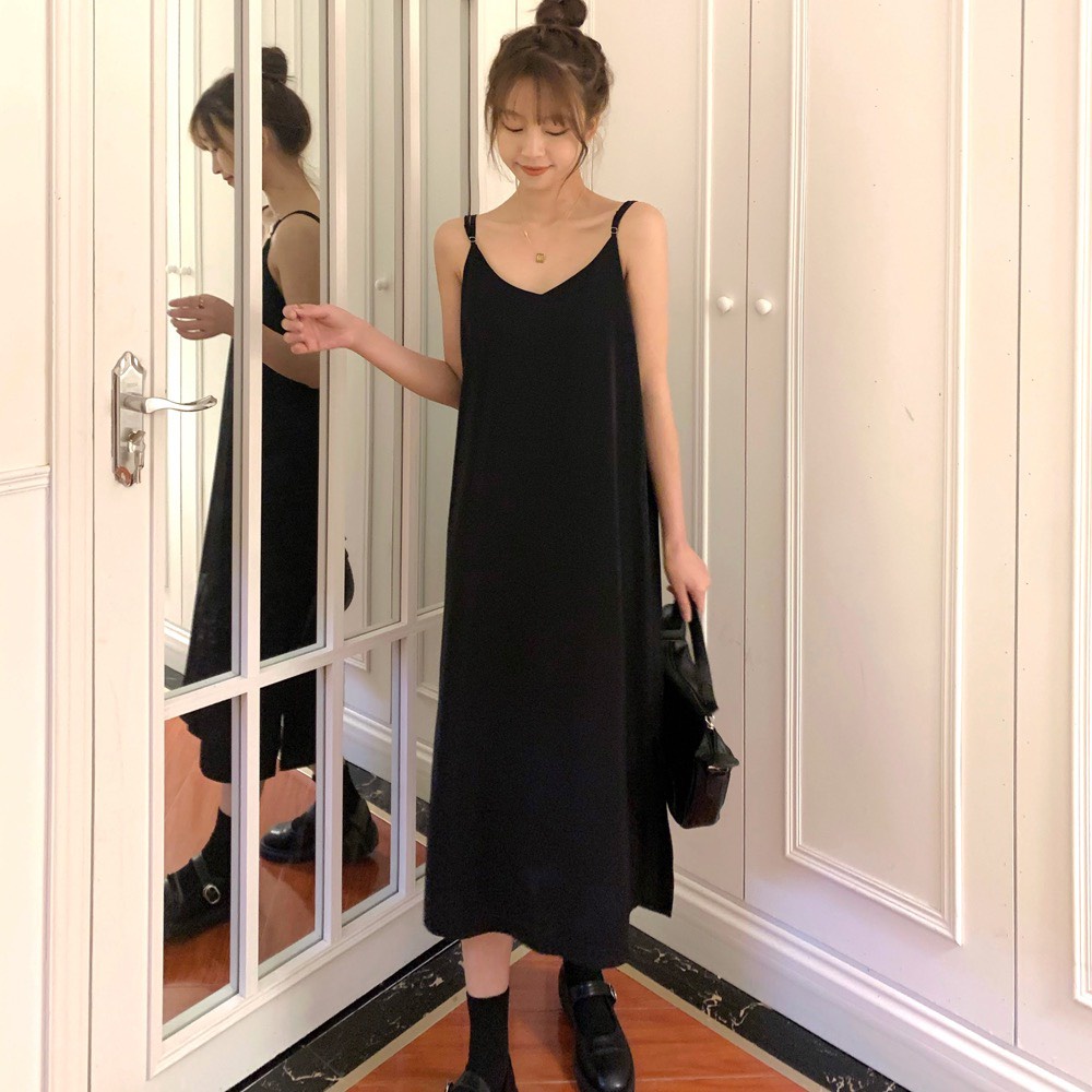 Váy đầm dáng dài vintage 2 dây suông VH902, mẫu váy 2 dây qua gối mặc trong áo sơ mi hoặc mặc đi chơi đi biển