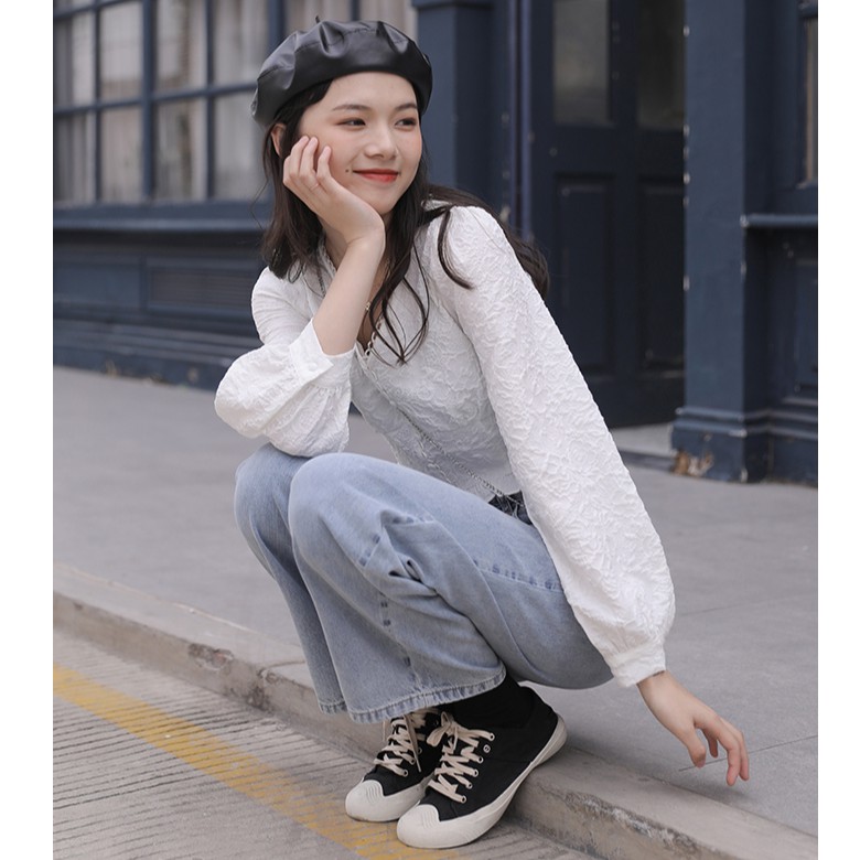 Cocory vn Quần jean lưng cao ống rộng thời trang dành cho nữ