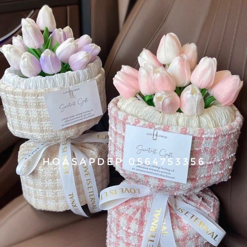 BÓ HOA TULIP CAO SU NON BỌC VẢI DẠ CAO CẤP