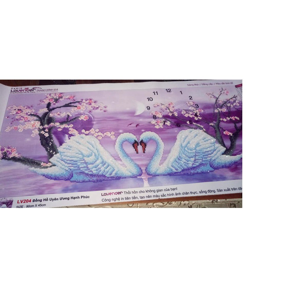 Tranh Đính Đá ĐỒNG HỒ ĐÔI UYÊN ƯƠNG (ĐÁ ABC CAO CẤP). Kích Thước: 90cm x 45cm