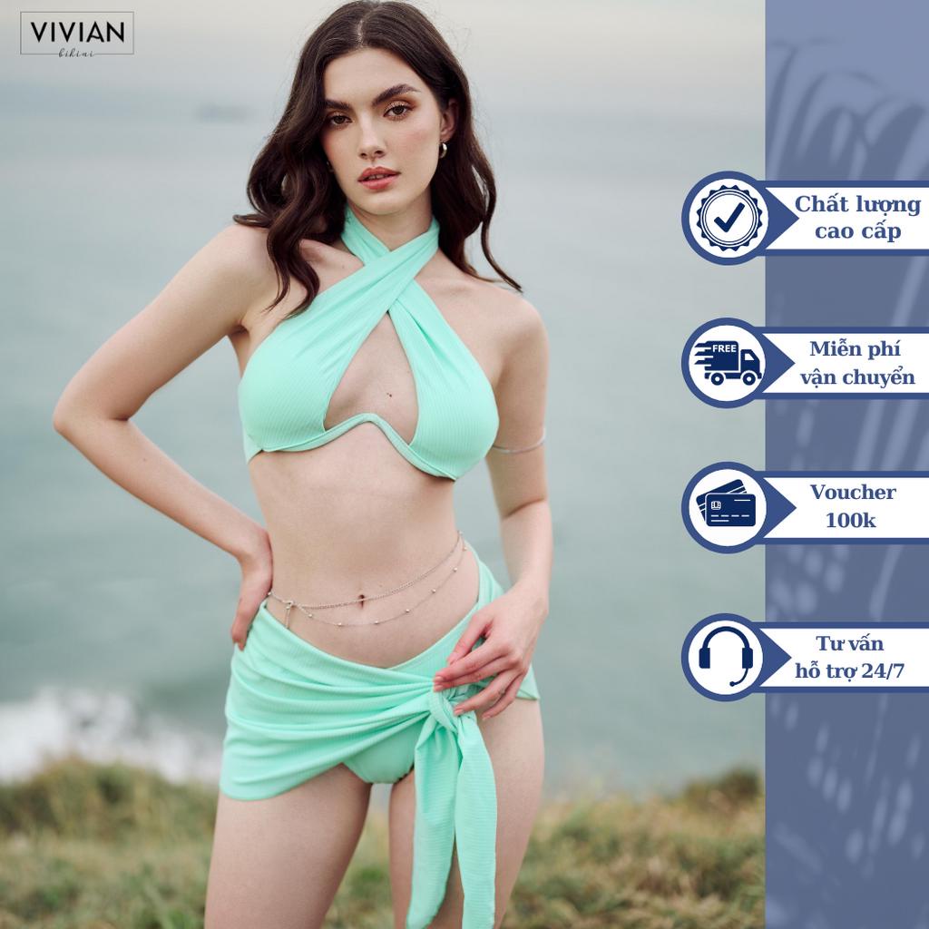 Đồ bơi nữ cao cấp 𝐕𝐈𝐕𝐈𝐀𝐍 dạng hai mảnh lưng thấp, phối váy cover &amp; tạo hình hoa - màu Xanh ngọc - VS197_TU
