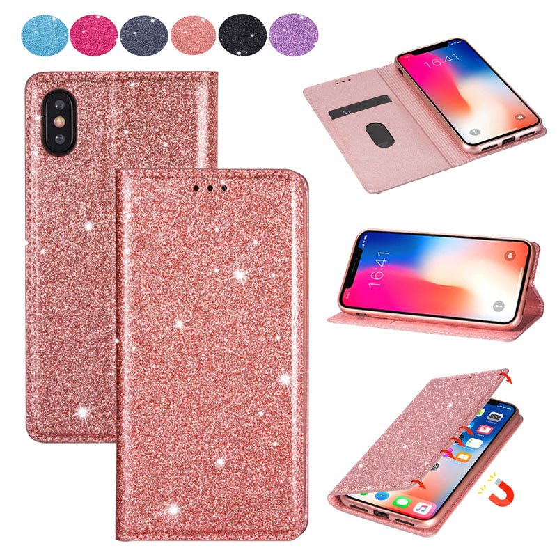 Bao da điện thoại nắp gập từ tính đính kim tuyến lấp lánh cho IPHONE X XR XS MAX 8 7 6 PLUS SE 2 12 PRO