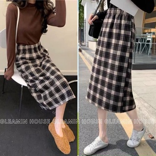 Chân váy dài chất dạ Quảng Châu dáng suông Chân Váy Dạ Kẻ Ulzzang Dáng Dài vintage phong cách Hàn Quốc