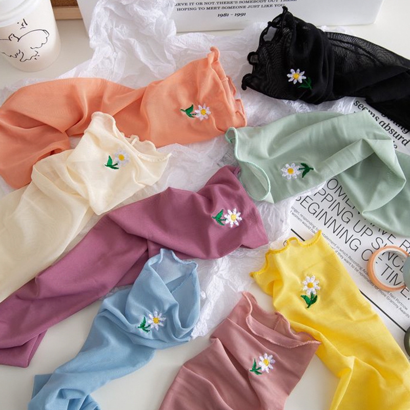 Flowers Embroidery Fishnet Tulle Socks Girls Spring Summer New Candy Color Daisy Mesh Transparent Thin Ruffles Nylon Female Sox
