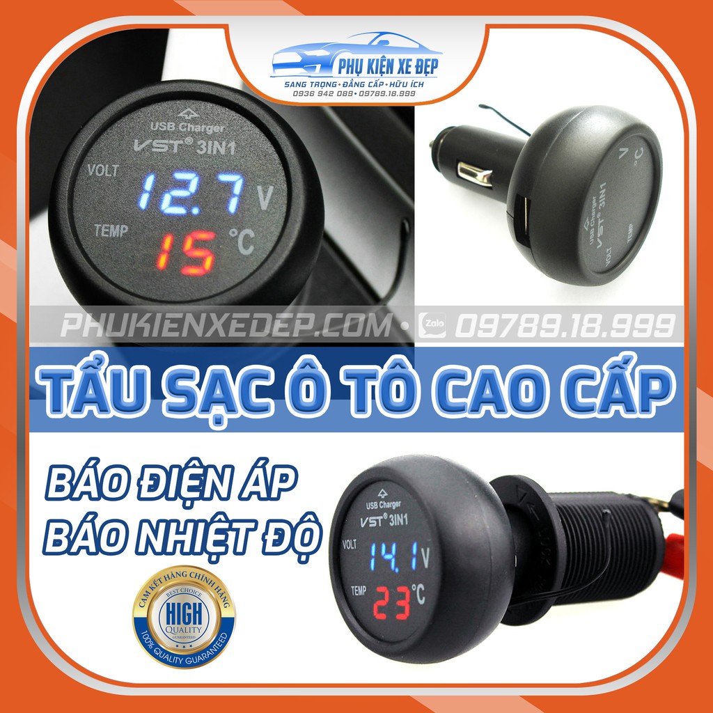 Tẩu sạc ô tô ⚡FREESHIP⚡ báo điện áp và nhiệt độ