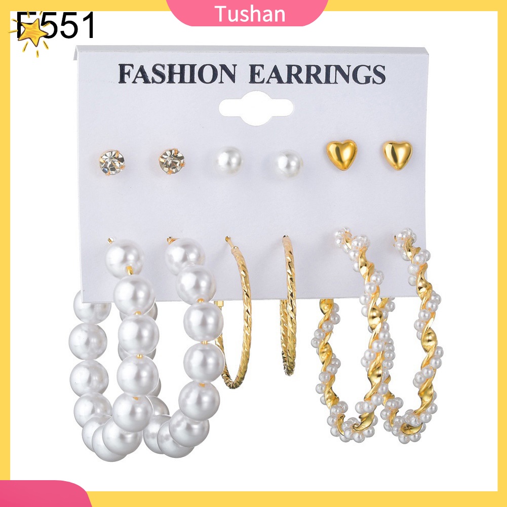 TUSH 6Pairs Women Faux Pearl Tassel Geometric Dangle Ear Studs Hoop Earrings Jewelry