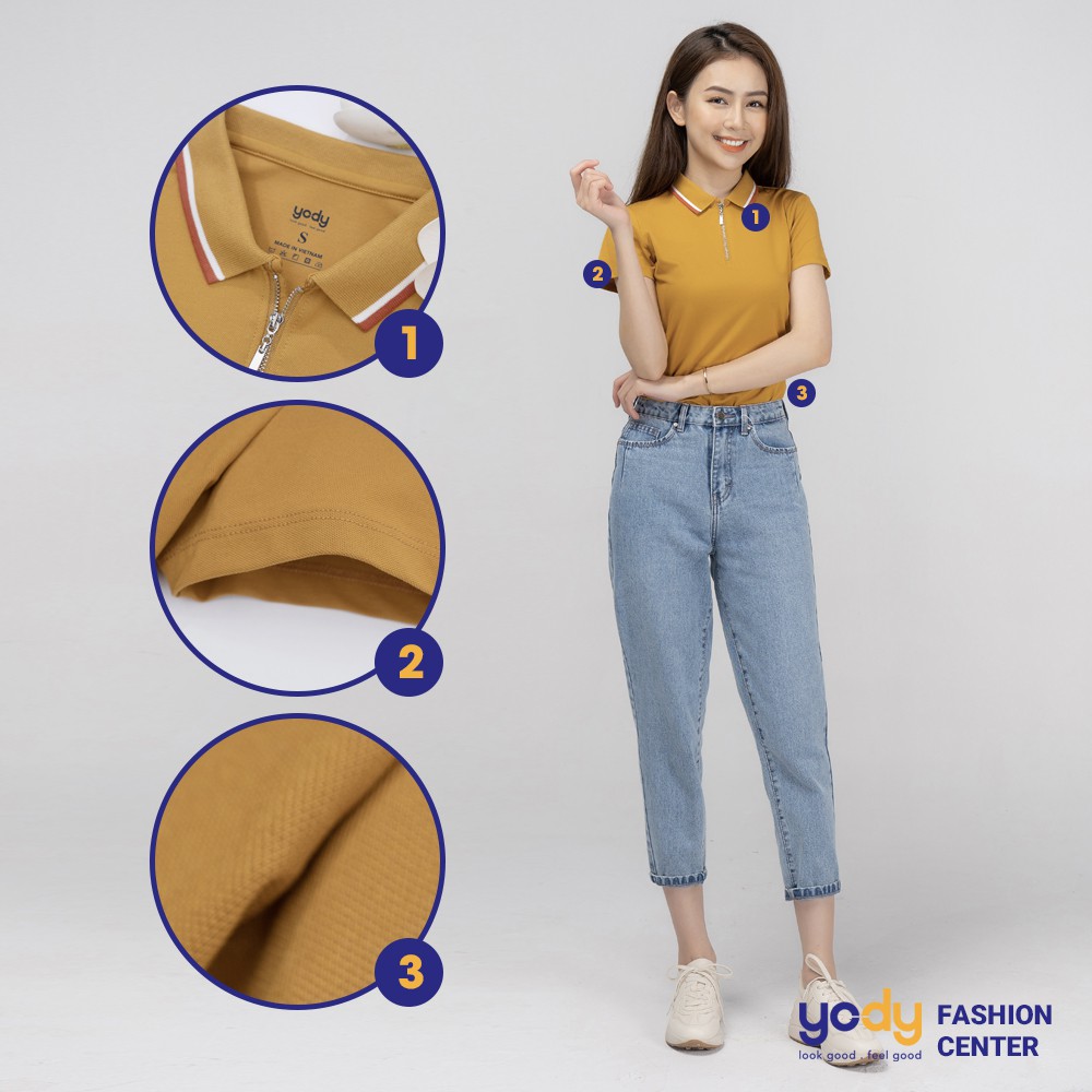 Áo thun polo nữ YODY cổ khóa trụ phối kẻ chất vải cotton cao cấp APN3876 | BigBuy360 - bigbuy360.vn
