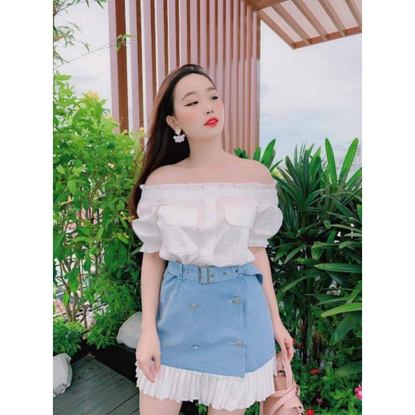 Cả Set ÁO TRỄ VAI + CHÂN VÁY XANH