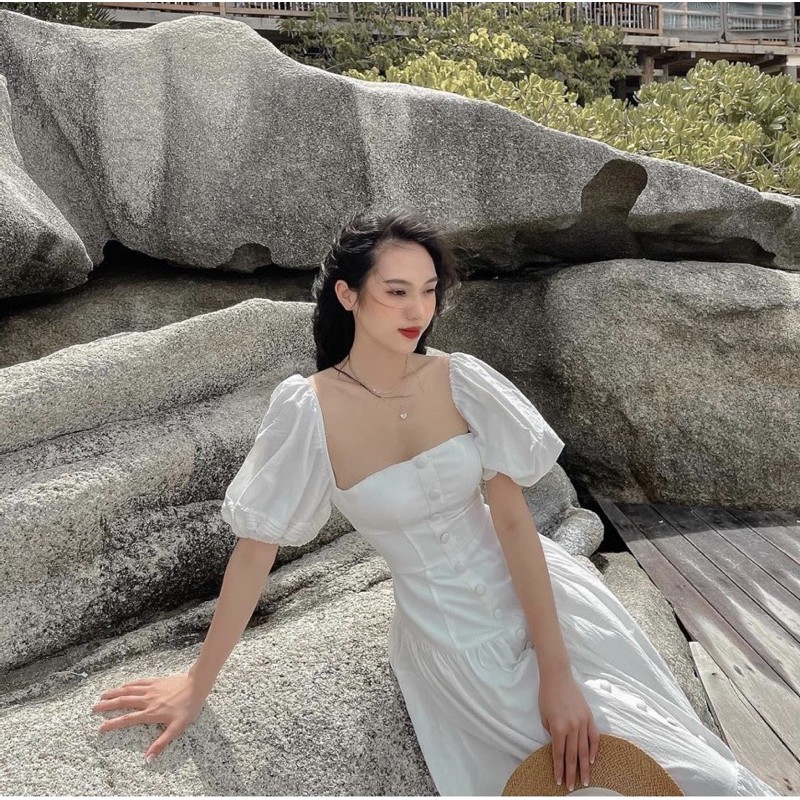 ĐẦM MIDI TRẮNG CỔ VUÔNG NÚT BỌC TAY PHỒNG ĐUÔI CÁ XOÈ TO | BigBuy360 - bigbuy360.vn