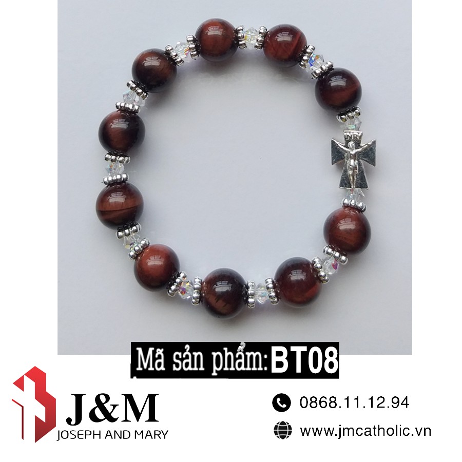 Chuỗi Mân côi tràng hạt đeo tay MH màu nâu đen kết hợp Thánh Giá bac độc đáo 10mm