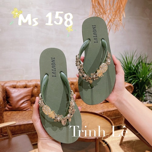 Dép kẹp, dép xỏ ngón, tông nữ đính đá Quảng Châu Qybaby 009 đen/trắng/đỏ/xanh rêu/hồng - TRINH LÊ SHOP