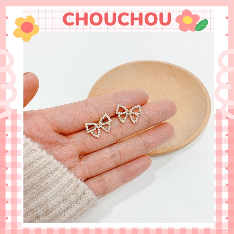 Bông tai khuyên tai nữ chuôi bạc 925 cao cấp hình nơ khảm hạt trai nhựa mini chouchou.accessories, phụ kiện Hàn Quốc