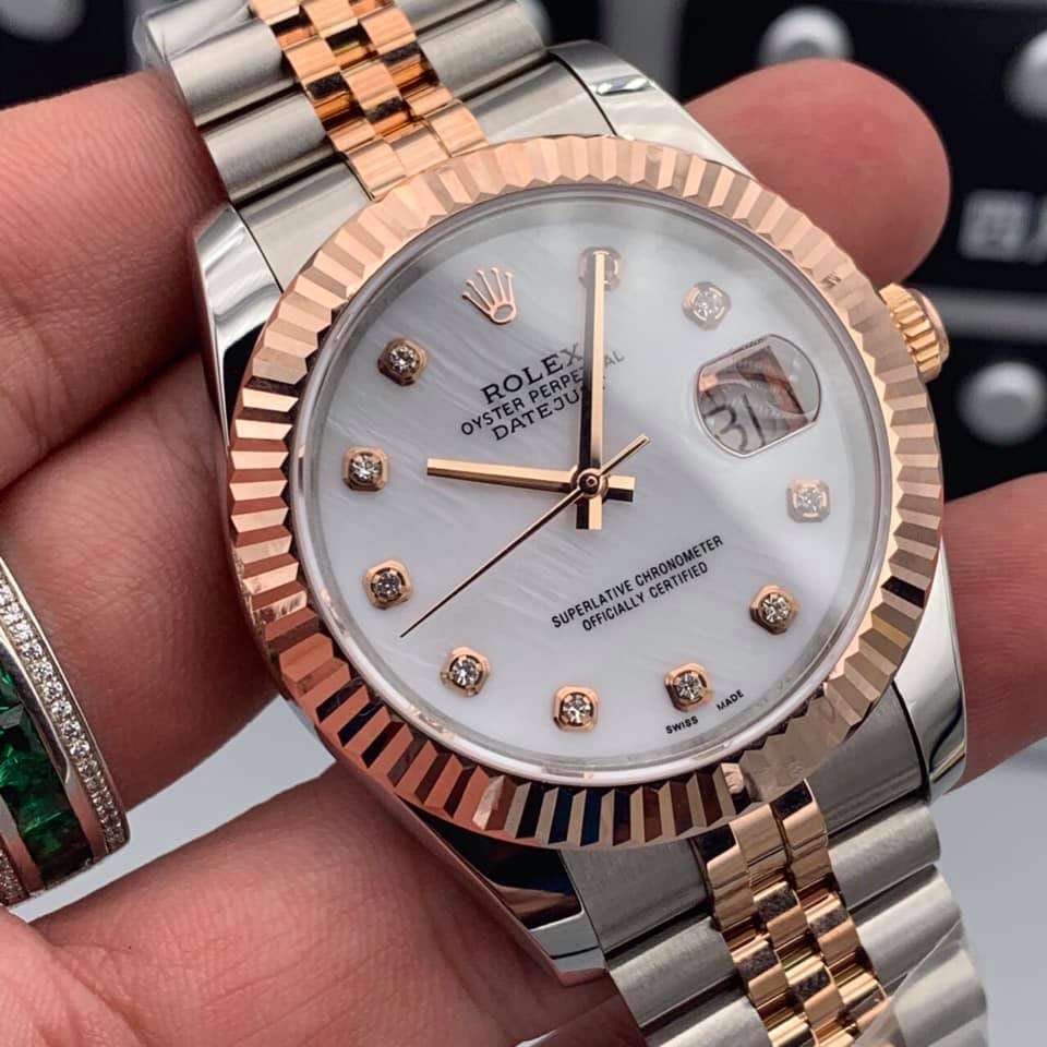 Đồng hồ Nam Rolex máy nhật mặt khảm trai 3 kim 1 lịch đơ mi vàng chạy cơ automatic hồng 41mm