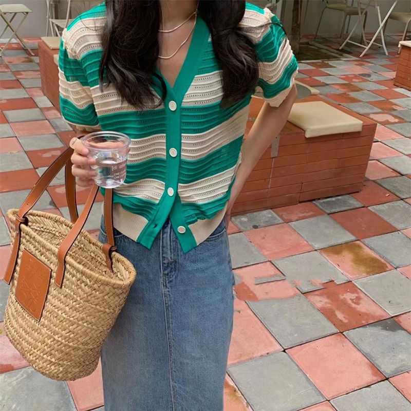 Áo Cardigan Ngắn Tay Họa Tiết Kẻ Sọc Thời Trang Mùa Hè Cho Nữ