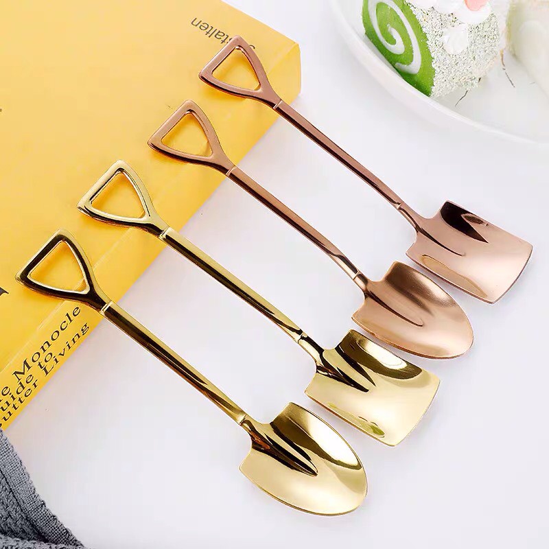 Thìa Xẻng Inox mạ vàng muỗng decor ăn hoa quả kem đồ khai vị bằng thép không gỉ cao cấp thiết kế sang trọng MinHome