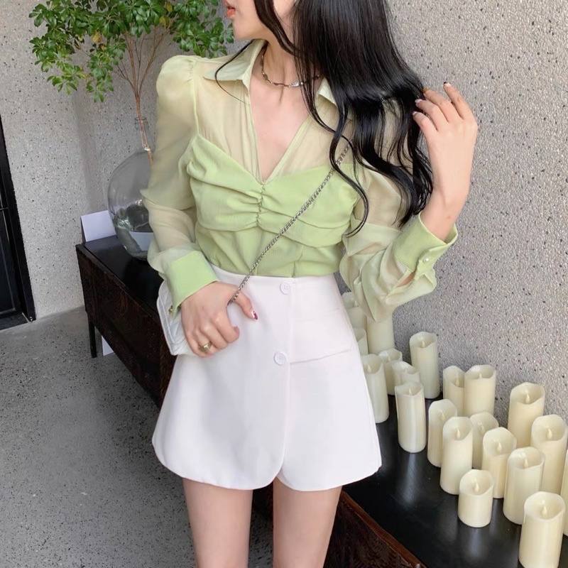 SET ÁO SƠ MI XANH NHÍU NGỰC TAY DÀI + CHÂN VÁY QUẦN