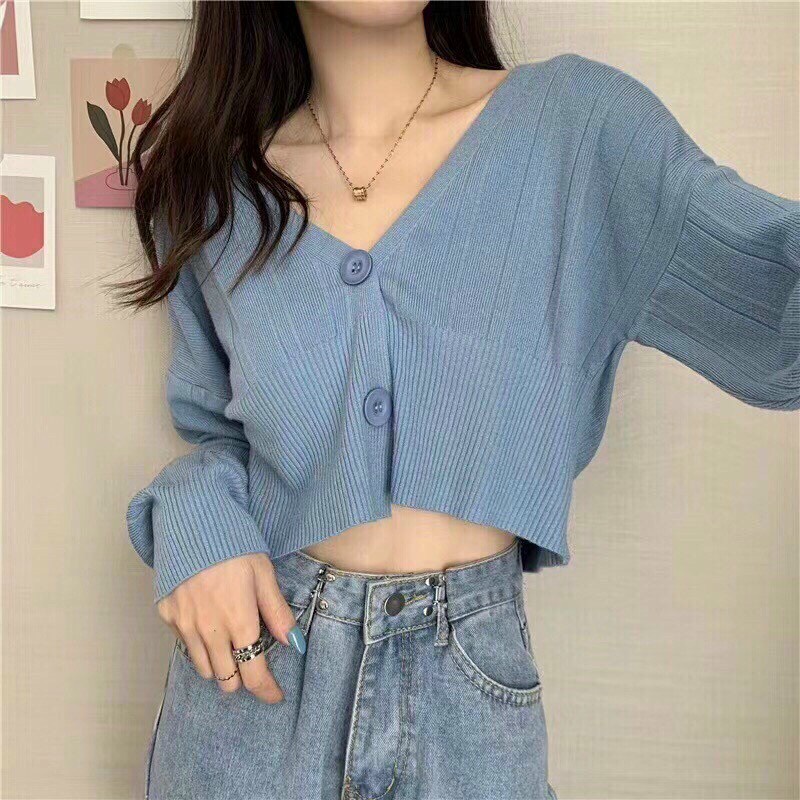 Áo cardigan len croptop cổ V 2 cúc