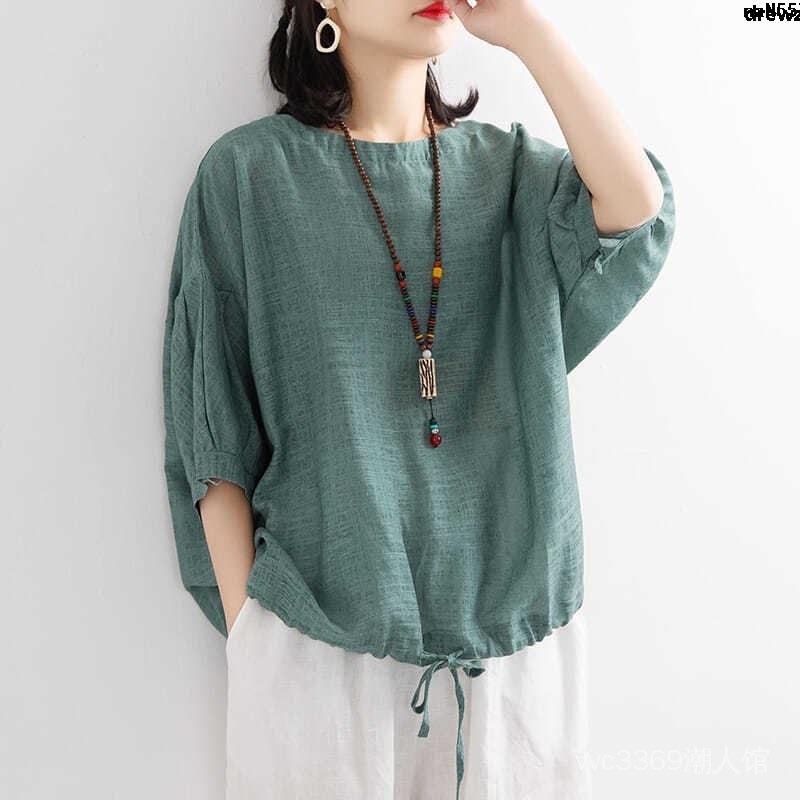 Áo Cánh Dơi Bằng Cotton Lanh Cổ Tròn Tay Lửng Thời Trang Mùa Hè Cho Nữ