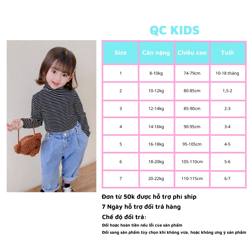 Áo giữ nhiệt cho bé gái bé trai dài tay cổ 3 phân cotton kẻ 1 tuổi đến 5 tuổi QC-KIDS