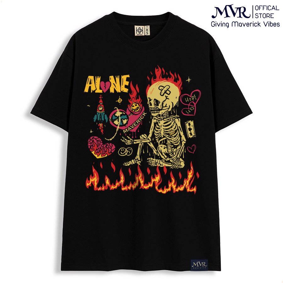 Áo thun trắng tay lỡ Đầu lâu xương cô đơn chất phong cách MVR size rộng tee Mỹ BB4080