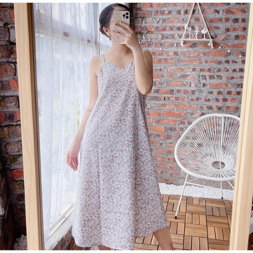 Váy hoa nhí đi biển 2 dây MADELA dáng suông phong cách vintage Hàn Quốc, Đầm hai dây suông hoa nhí