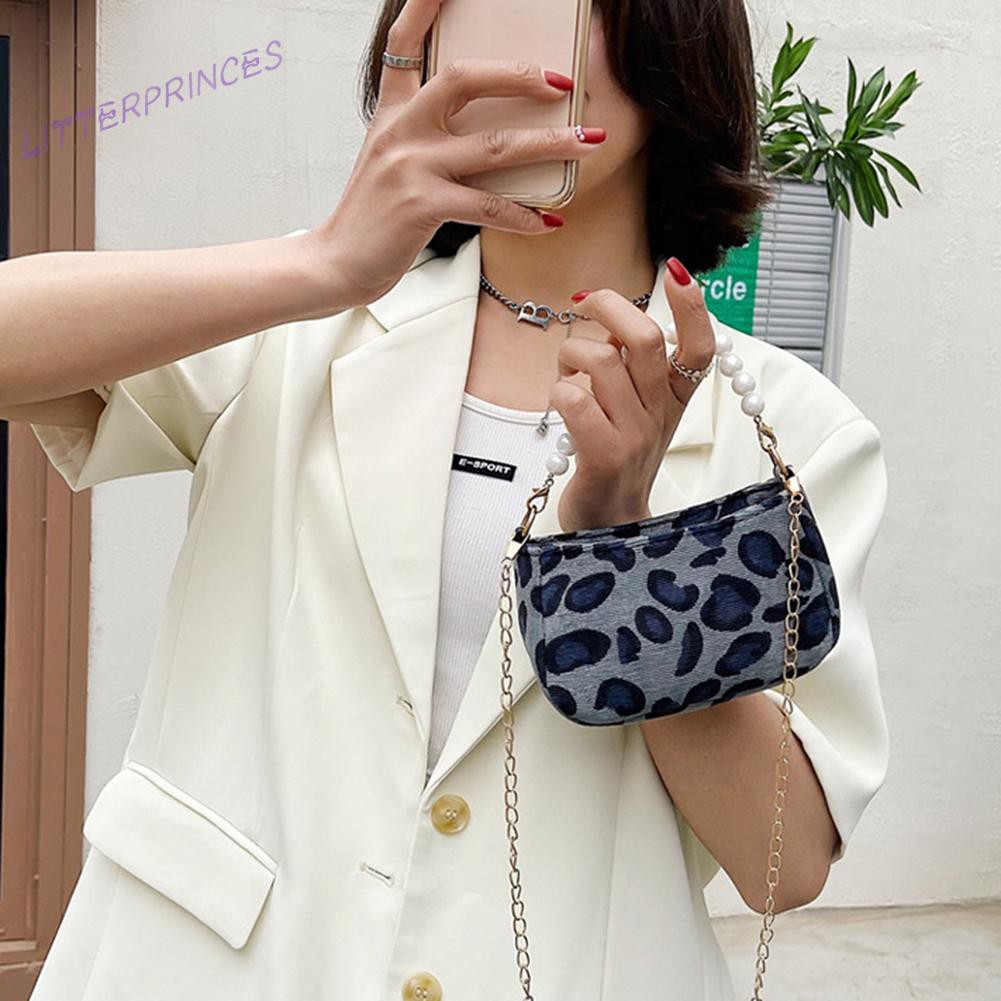 Litterprinces Fashion Women Print PU Shoulder Crossbody Bag Casual Pearl Chain Handbags