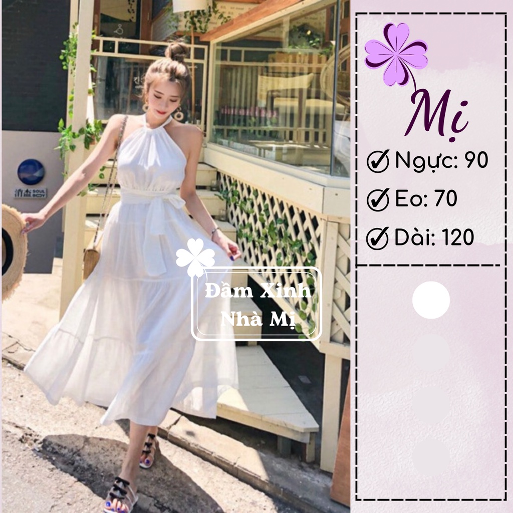 Đầm Maxi Đi Biển Dạng Yếm Dáng Dài Qua Gối Nữ Tính, Đầm Thiết Kế Tầng Phối Dây Cột Nơ Eo Bánh Bèo Màu Trắng