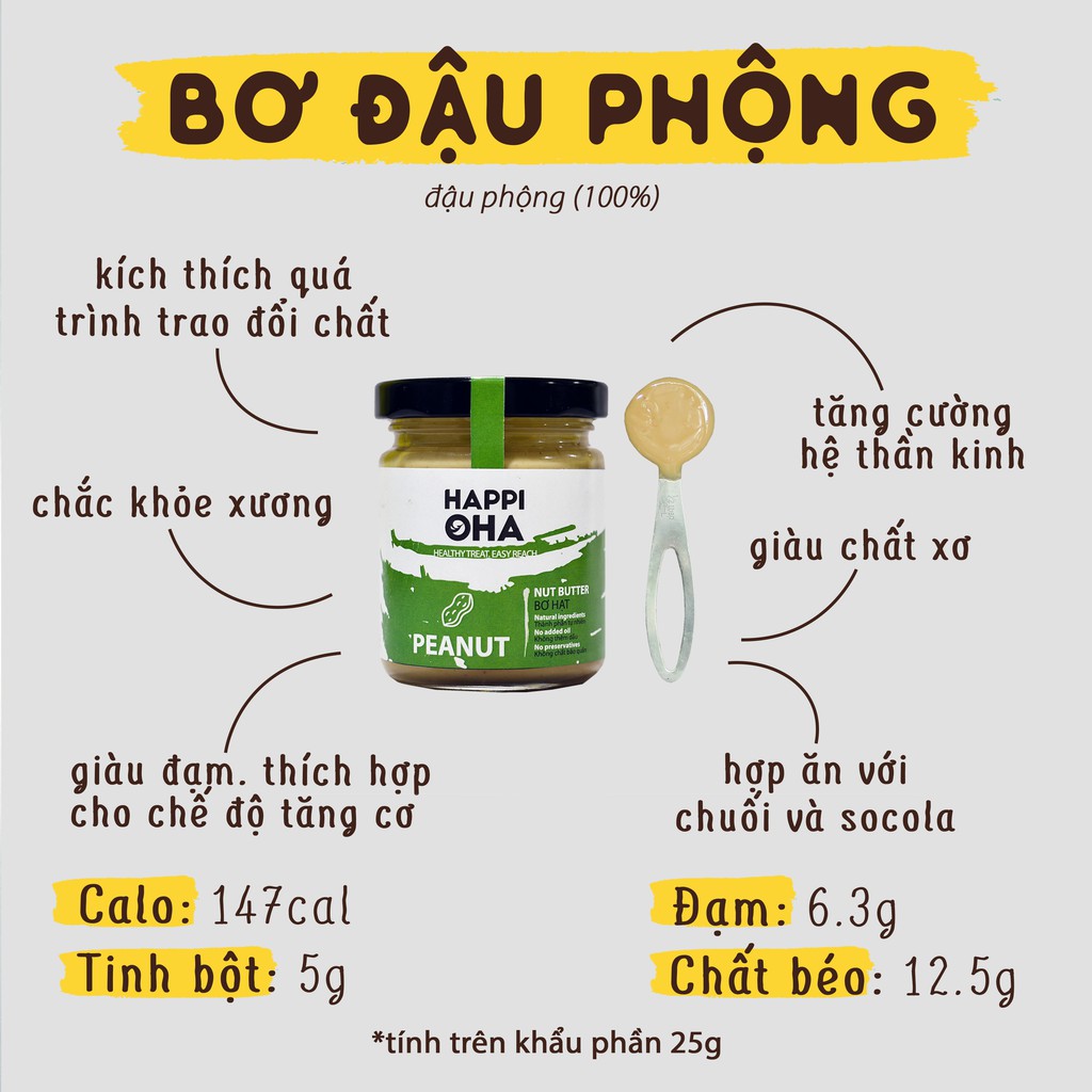 Bơ Đậu Phộng Nguyên Chất Không Đường HAPPI OHA Hỗ Trợ Ăn Kiêng Và Giảm Cân 100g/220g