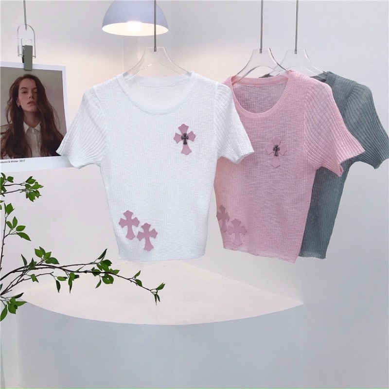 Áo len tăm mỏng mongtoghi hoạ tiết chôm hơ cổ tròn tay cộc A101