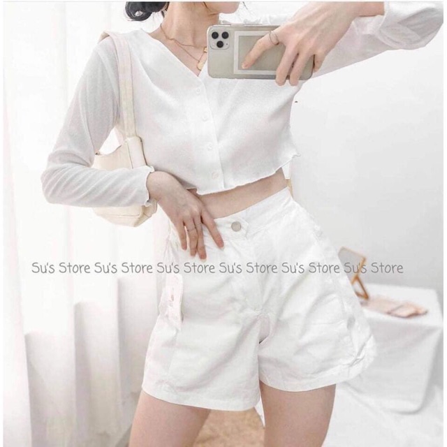 Áo croptop thun gân mỏng dài tay sóng cổ V