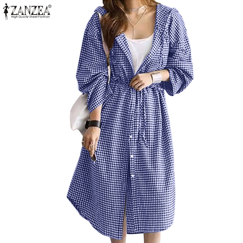 Đầm midi ZANZEA dáng rộng họa tiết kẻ caro cổ mép lật tay dài phong cách Hàn Quốc dành cho nữ