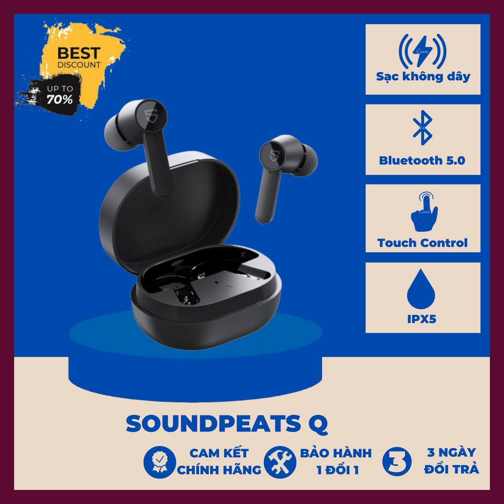 Tai Nghe True Wireless In-ear Soundpeats Q Bluetooth V5.0 Dual Mics Wireless Charging 10mm Bigger Speaker Driver
