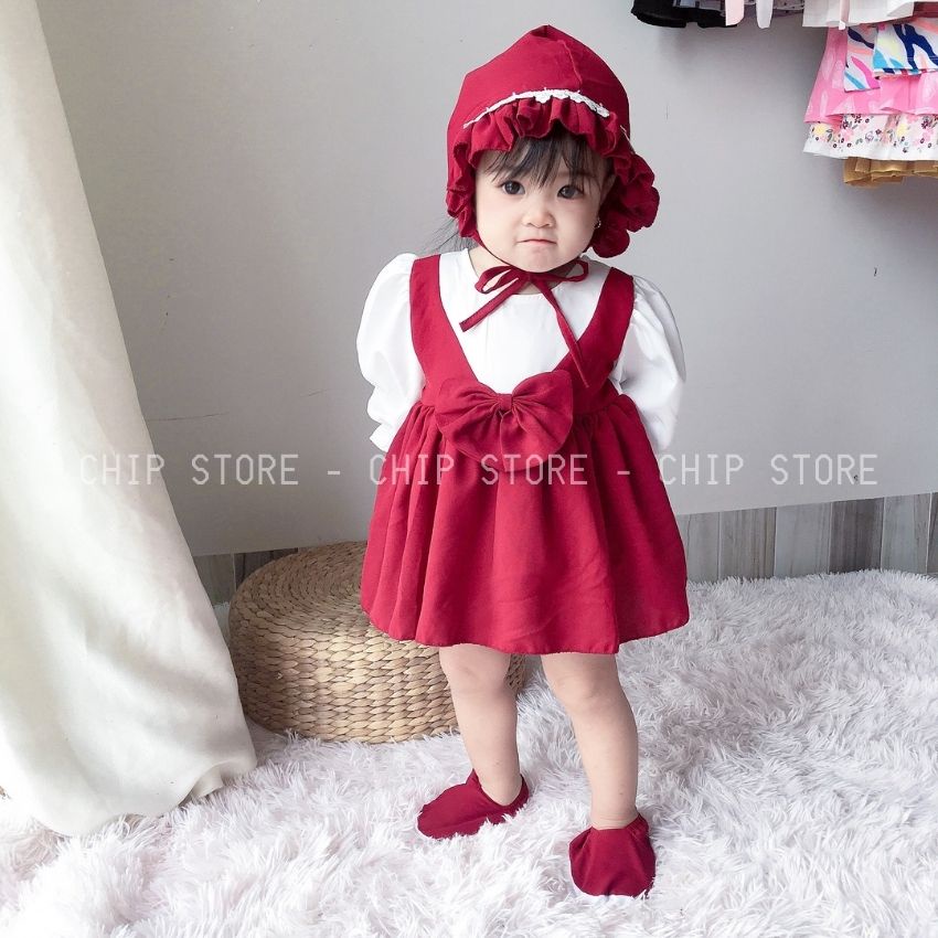 Váy bé gái sơ sinh CHIP STORE Body yếm đỏ mận cho bé mặc đầy tháng thôi nôi xinh xắn - Ảnh thật tự chụp