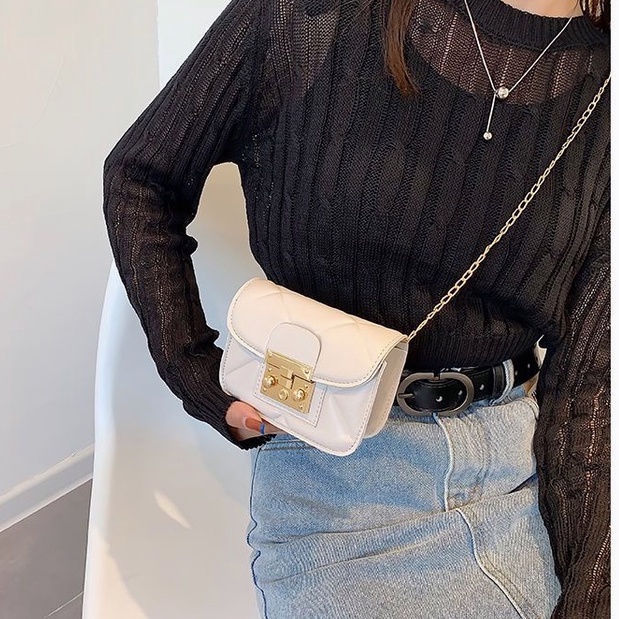 Túi mini dây xích trám thời trang túi hộp vuông khóa kim loại vuông cổ điển