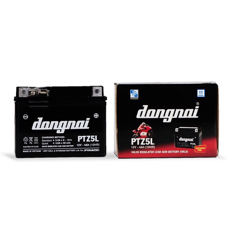 Bình acquy xe máy khô miễn bảo dưỡng Đồng Nai PTZ5L | 12V - 4Ah, ắc quy xe máy honda 12v.