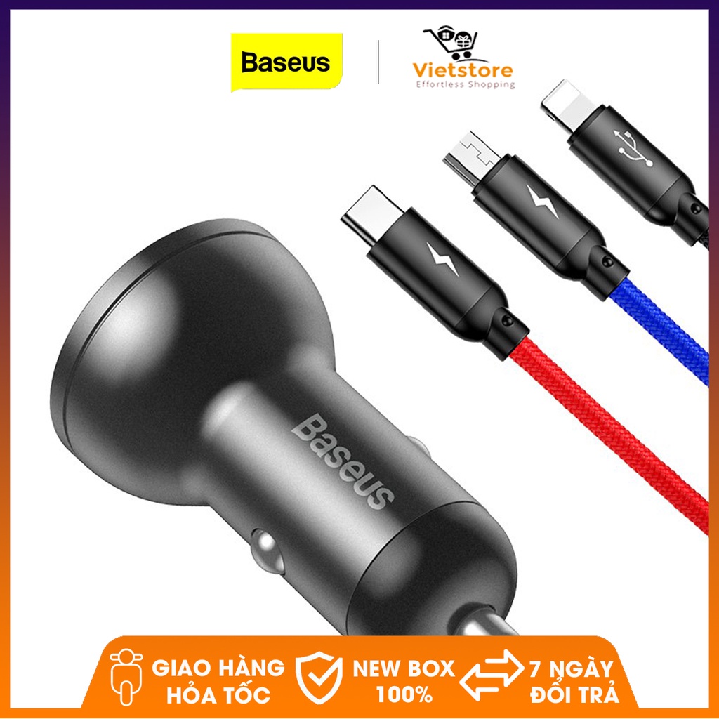 Tẩu sạc Baseus USB 4.8a 24w cho xe hơi kèm cáp sạc 3 trong 1 dài 1.2m