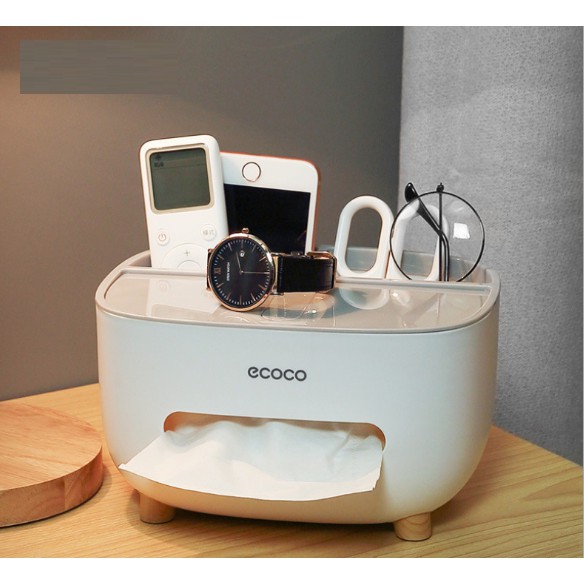 Hộp đựng khăn giấy để bàn cao cấp sang trọng, kệ để đồ dùng, điện thoại remote đa năng thương hiệu Ecoco