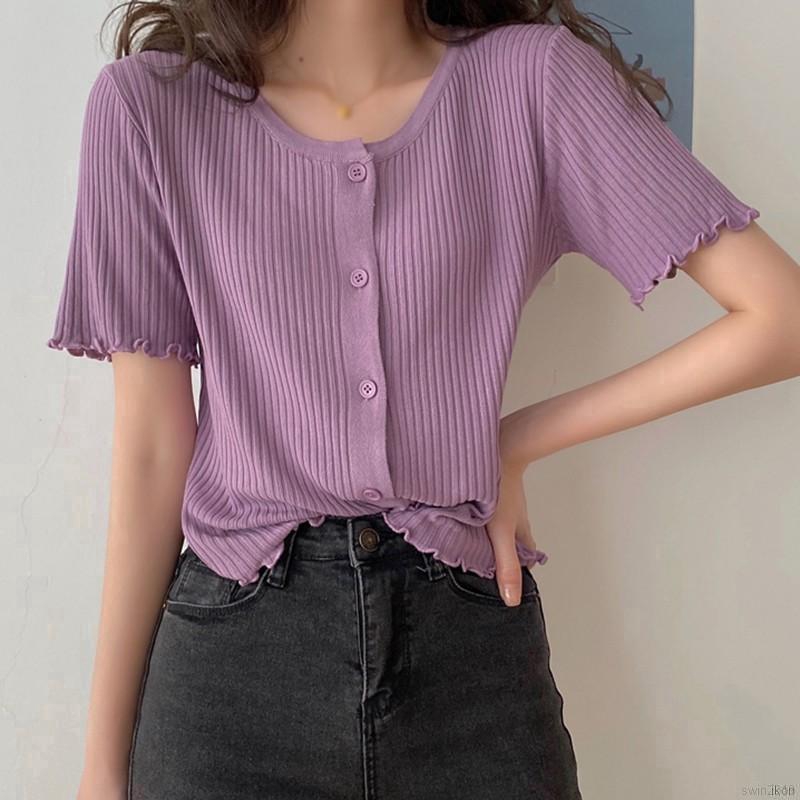 Áo Lửng Dệt Kim Tay Ngắn Cổ Tròn Phối Khuy Cài Hợp Thời Trang Cho Nữ