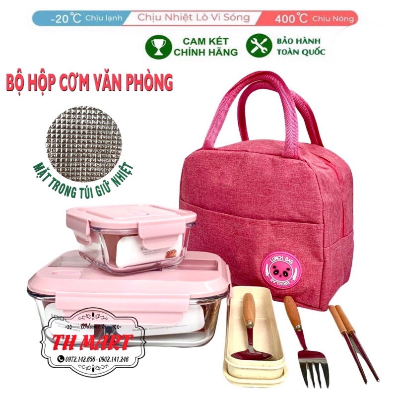 ❤FREESHIP❤Hộp Cơm Văn Phòng Thủy Tinh 3 Ngăn Red Cherry Tặng Kèm Đũa Thìa Inox Có Khay Để Điện Thoại, túi đựng hộp cơm