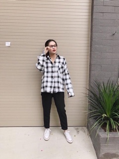 Áo sơ mi oversize caro đen trắng