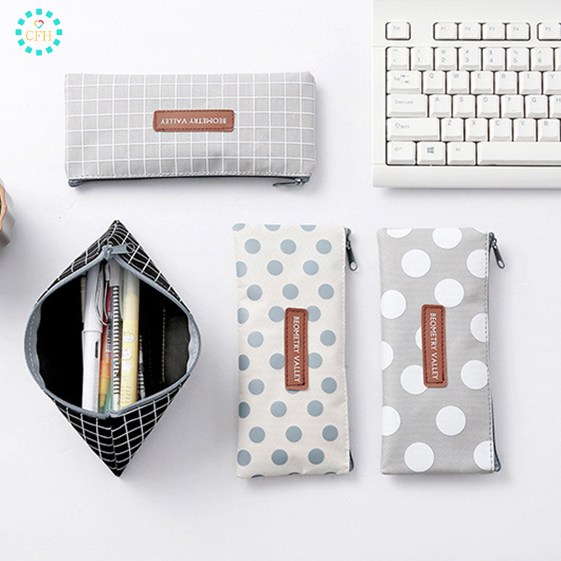 Simple and Fresh Plaid Dot Canvas Pencil Case Cute Student Pencil Bag Large Capacity Stationery Bag