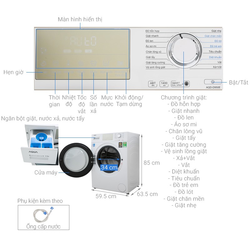 Máy giặt Aqua Inverter 9.5 kg AQD-D950E W