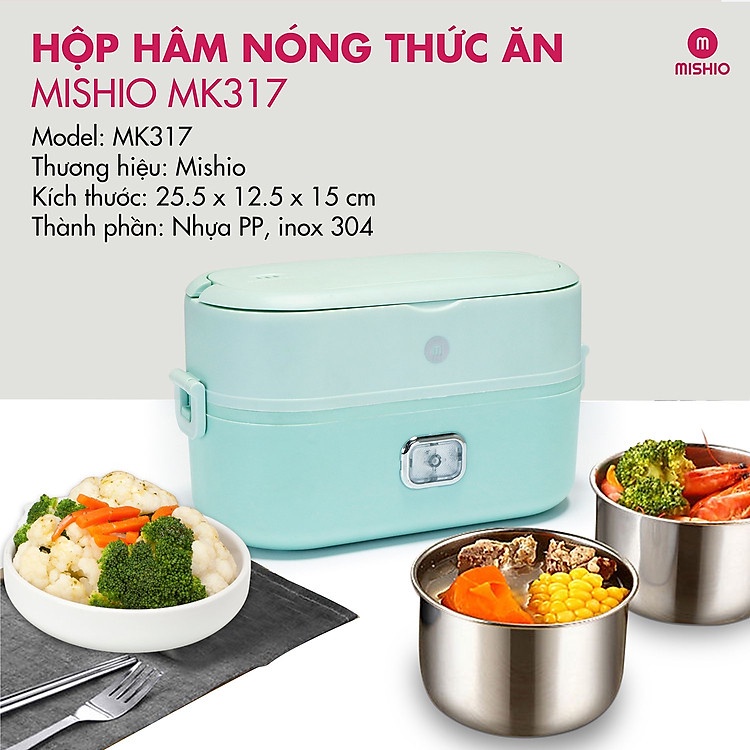 Hộp Hâm Cơm, Thức Ăn Mishio MK317 kèm 2 hộp inox 304 Bảo Hành Chính Hãng 18 Thang