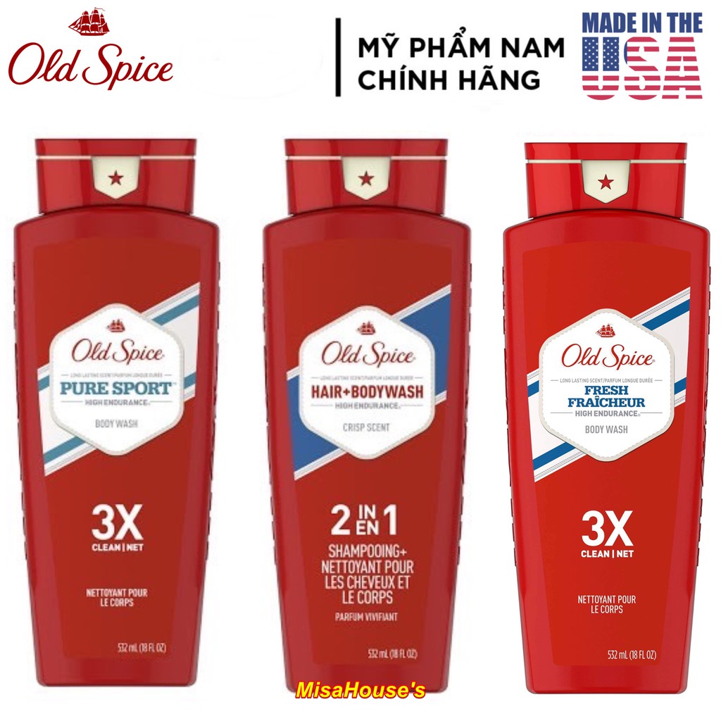 [USA] Sữa tắm nam Gel Old Spice 473ml Timber | Bearglove | Fiji | Wolfthorn | Pure Sport | Tắm gội 2in1 532ml - Mỹ