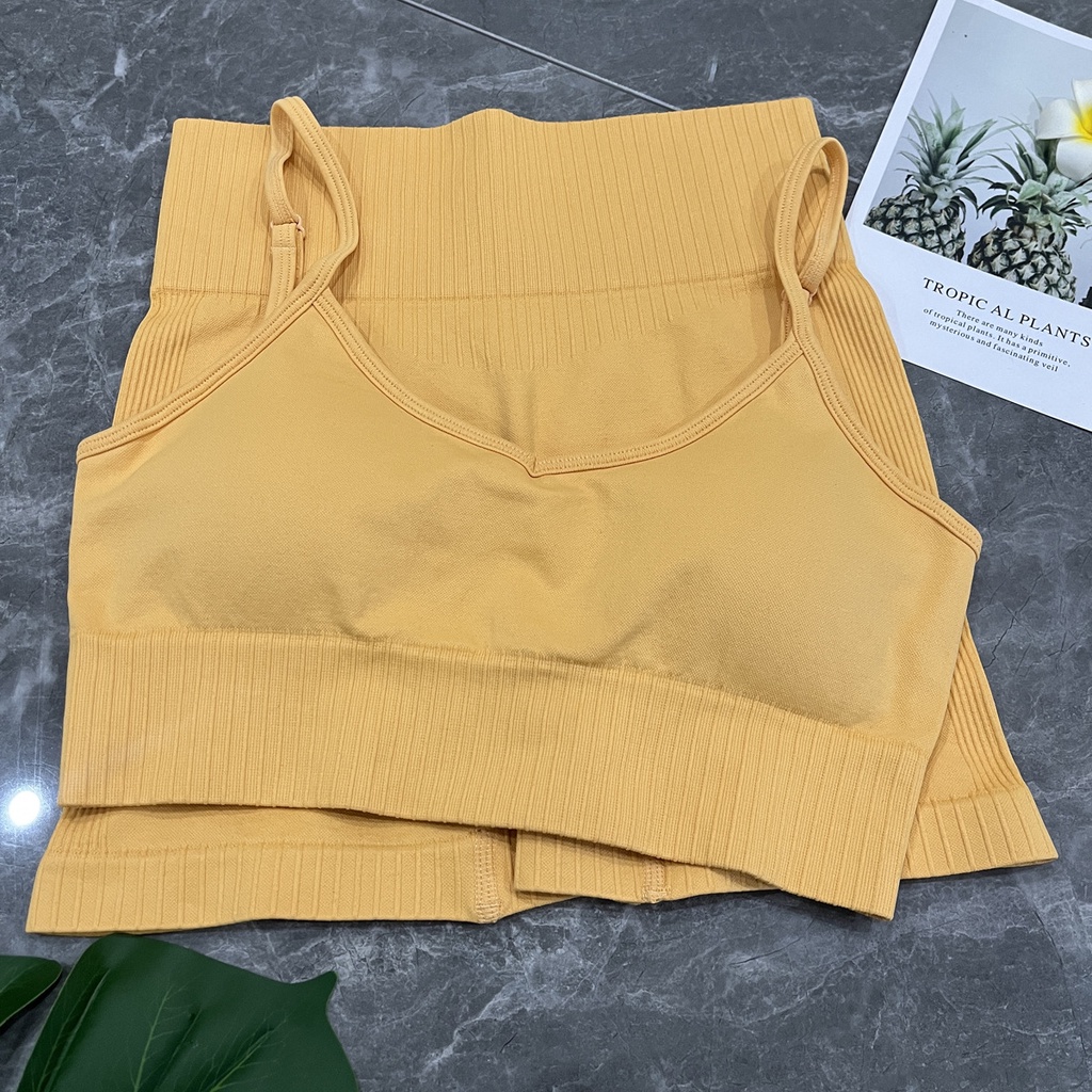 Bộ trang phục 2 món phong cách thể thao legging co giãn màu trơn không viền cho nữ