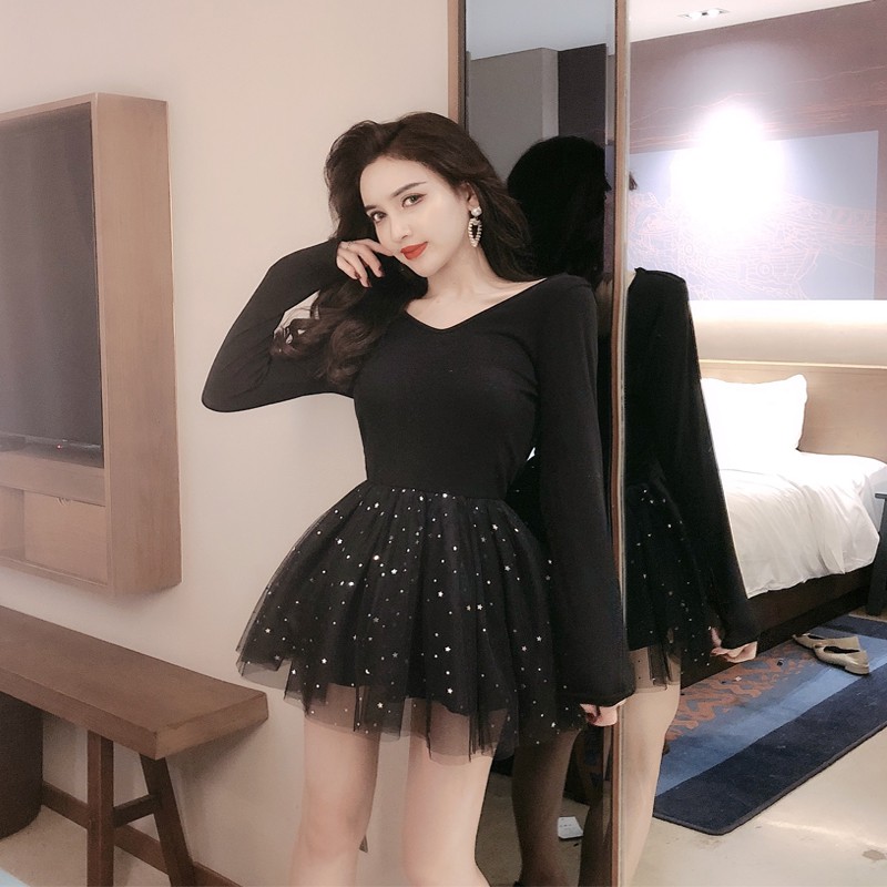 Đầm nữ tay dài cổ tròn hở lưng váy xòe đen lấp lánh bling bling ulzzang