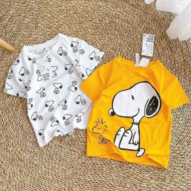 Áo phông cho bé trai bé gái (7-19kg), Combo 2 áo thun in hình chó Snoopy vàng trắng vải cotton mềm mát, thấm hút tốt