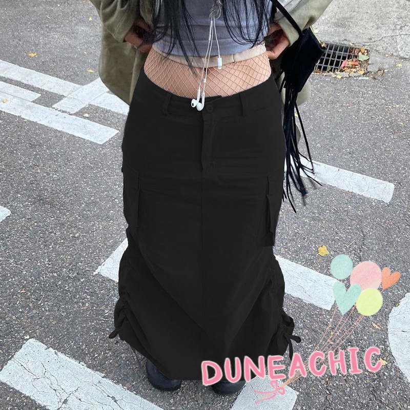 DUNEA Chân Váy Dáng Rộng Màu Trơn Phối Dây Rút Cá Tính Cho Nữ