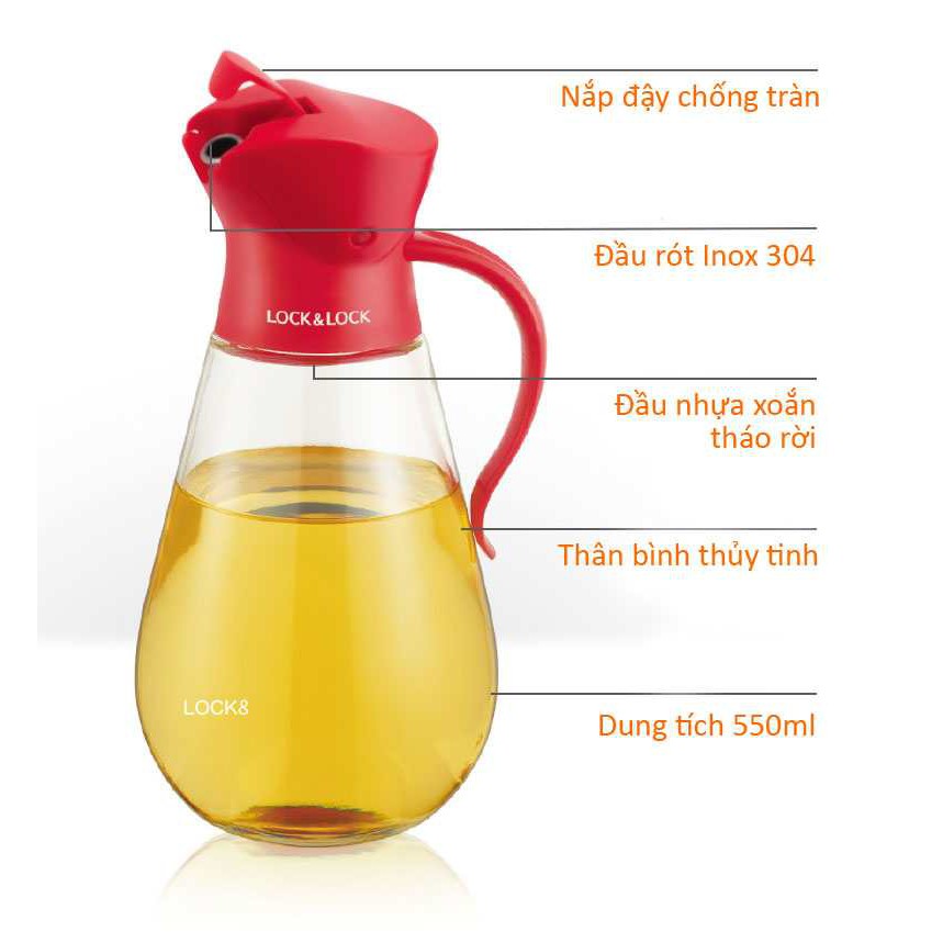 Bình đựng dầu ăn thủy tinh Lock&Lock có van tự động mở nắp CKO101 [550ML] LLG706 [300ML]